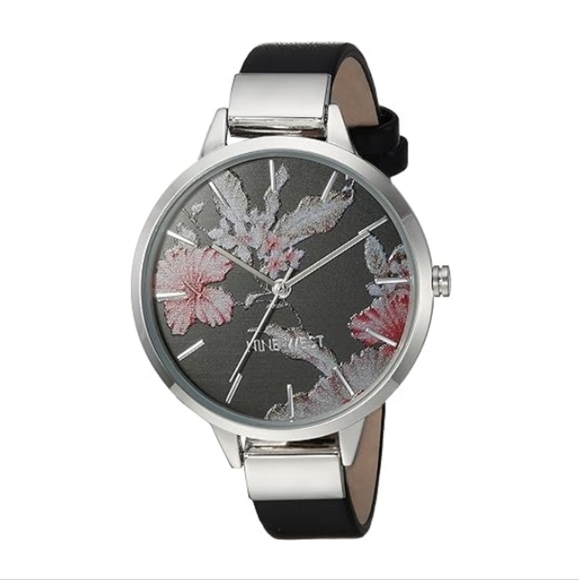 Women's Floral Dial Strap Watch Black Silver - Picture 4 of 4